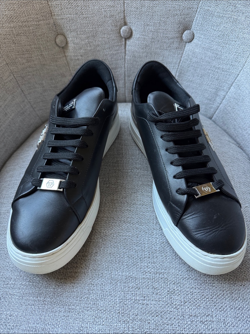 Phillip Plein Black Leather Lo-Top Sneaker Hexagon Sz 44